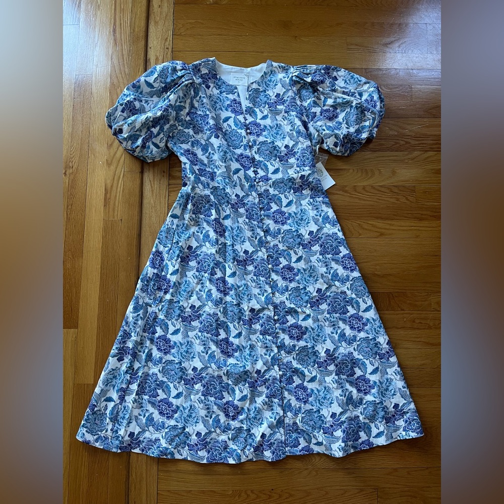 NWT Hyacinth House Blue Floral Puff-Sleeve Midi Dress - Picture 3 of 9